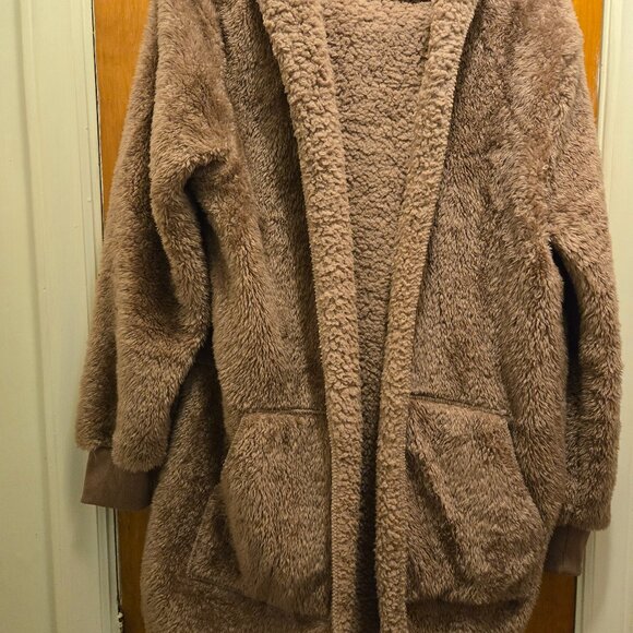 Hooded fuzzy cardigan (open front) - Unique Color: Purplish Brown - Picture 1 of 3